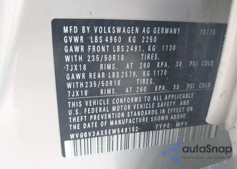 2014 Volkswagen Tiguan Sel из США, поврежденный, VIN WVGBV3AX5EW549152